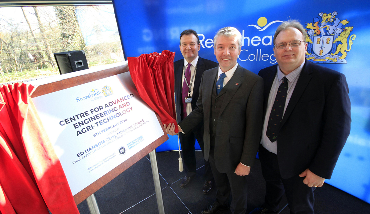 Ed Hansom, CEO of the Institution of Agricultural Engineers, officially opens Reaseheath’s Centre for Advanced Engineering and Agri Technology watched by Marcus Clinton and David Pearson
